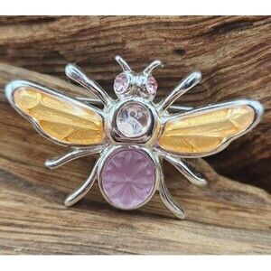 Vintage Signed Monet 1.5" Silvertone Bee Brooch Enamel Rhinestone